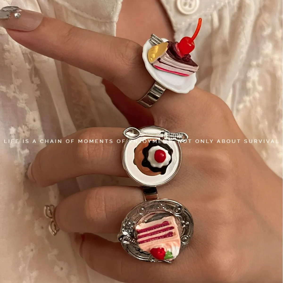 Cute and Quirky Design Cake Ring Cherry Chocolate Fruit Cake Afternoon Tea Ring Ring Birthday Gift Accessories