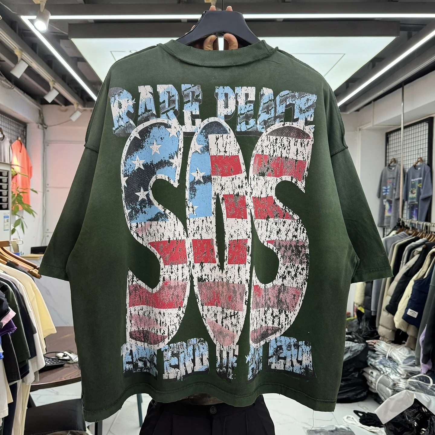 American Hip Hop Statue Letter Print Rhinestone Short Sleeve Oversize Loose Casual T-Shirt Unisex Trendy round Neck Top