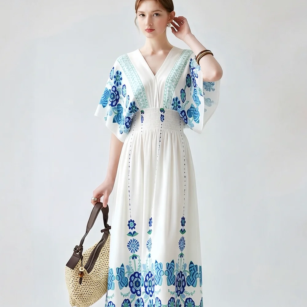 Womens Bohemian V Neck Maxi Dress Floral Printed Batwing Sleeve Loose Rayon Casual Vacation Beach Daily Wear Trendy