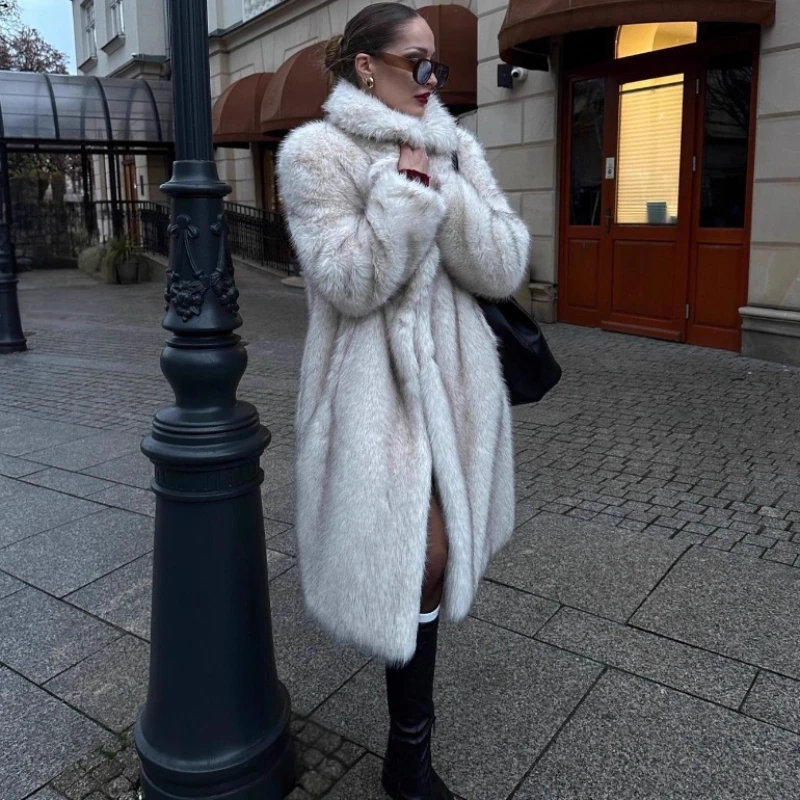 TARUXY Luxury Fox Fur Coat Women's Suit Collar Long Sleeves Loose Keep Warm Faux Fur Long Coat Winter High Street Fashion Jacket