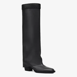 2025Women's Thick High-heeled Knee High Boots Square Toe Fashion Show Winter Mid Length Boots 34-46 Oversized Knight Boots