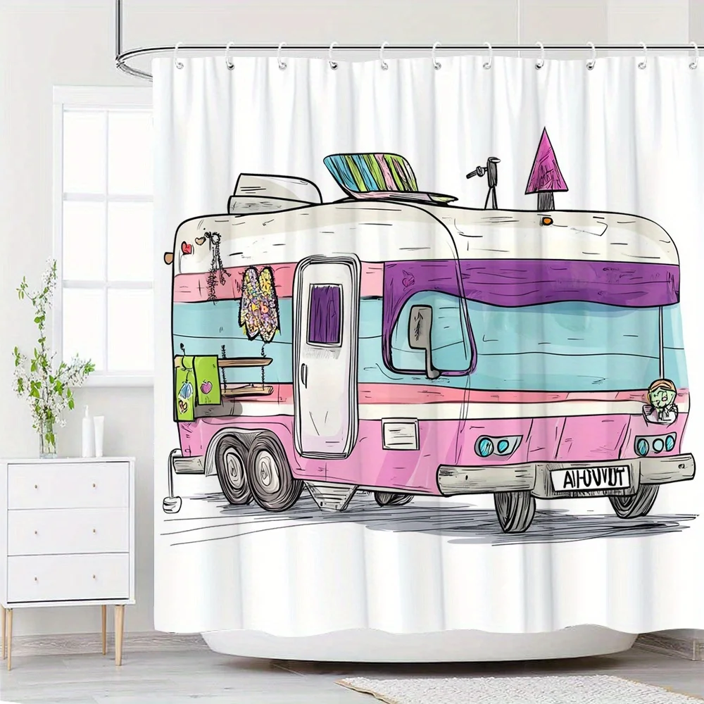 Retro Caravan Shower Curtain – Whimsical Pink & Purple RV with Heart Windsock, Green Towel & Roof Rack, Waterproof Polyester,