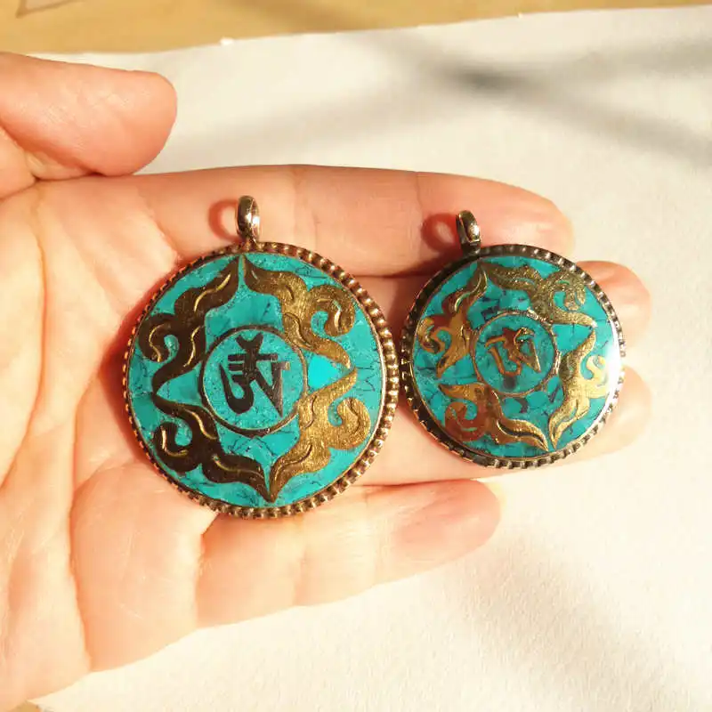 Tibetan OM Amulet Pendant White Metal Copper Inlay Stone TBP153