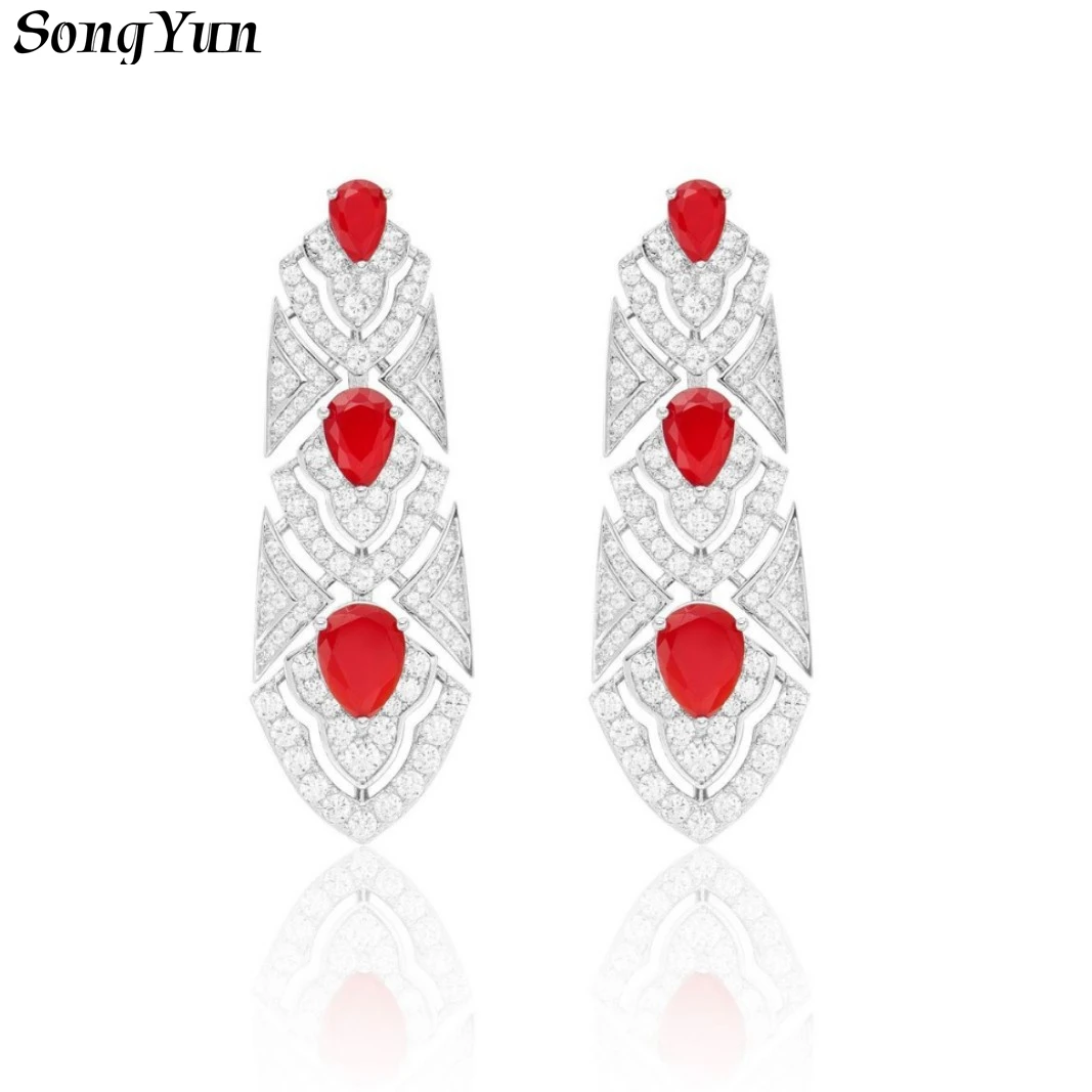 

SY Luxury Ear Jewelry Red Gemstones Stud Drop Earrings 925 Sterling Silver Women Evening Party Pendant Earrings Accessories