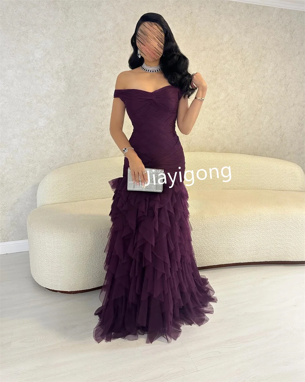 Customized Retro Tulle Pleat A-line Off-the-shoulder Long Dresses Bespoke Occasion Dresses Customized Classic Modern Style