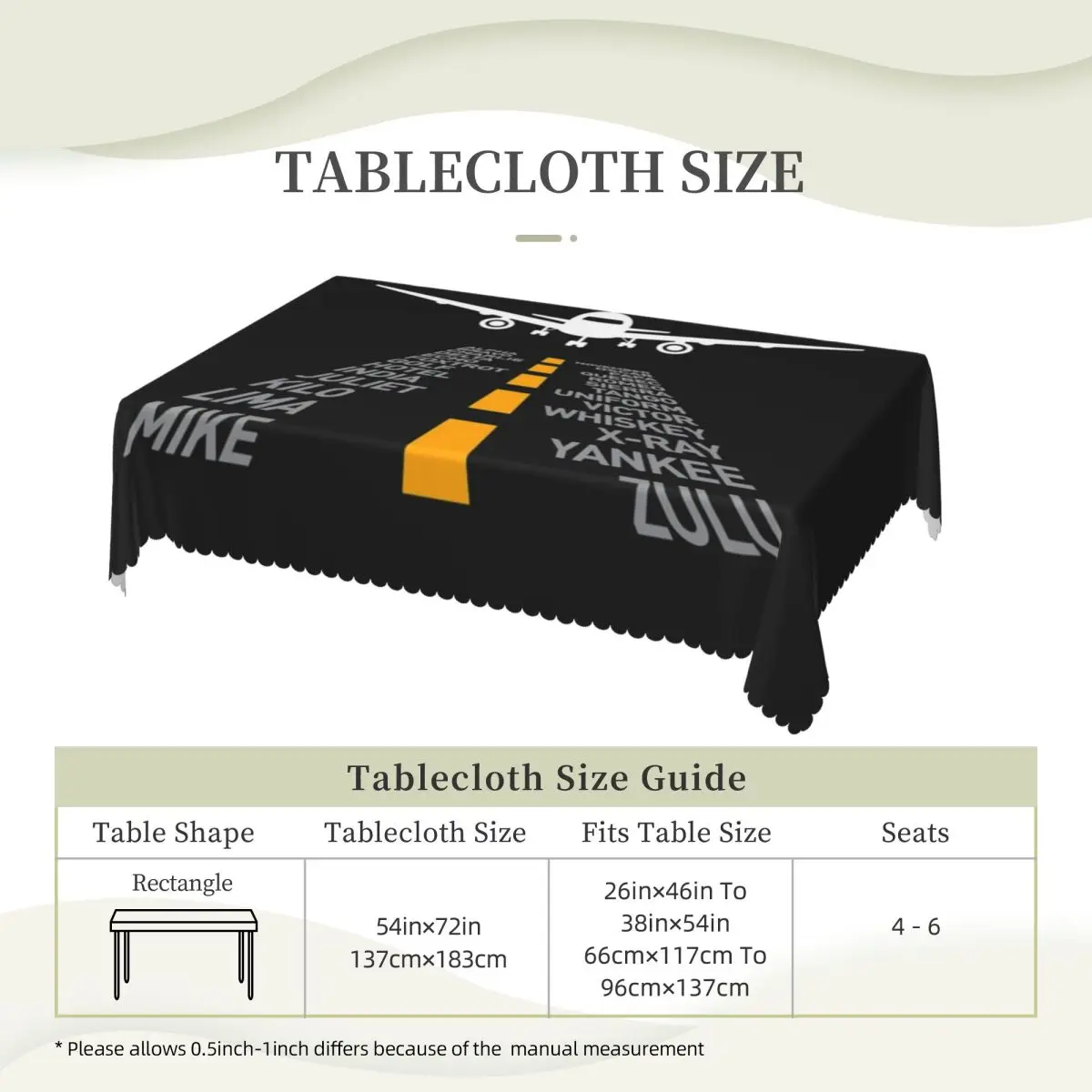 Airplane Pilot Airport Runway Phonetic Alphabet Plane Custom Rectangular Tablecloth Oilproof Table Cover for Events Table Cloth