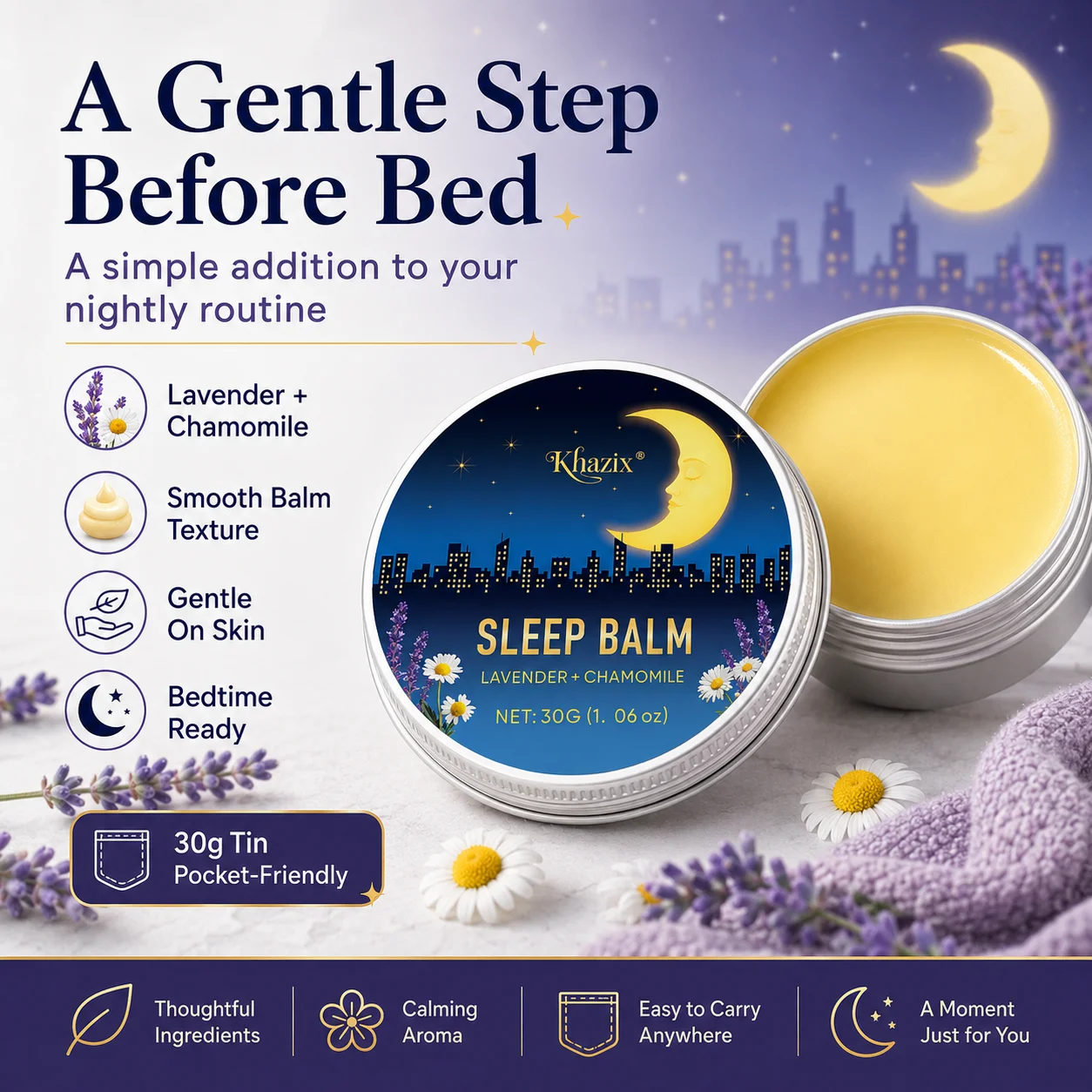 30g Sleep Balm Lavender Chamomile Nighttime Balm Calming Aroma Smooth Skin Friendly Pocket Size for Bedtime Routine Trave