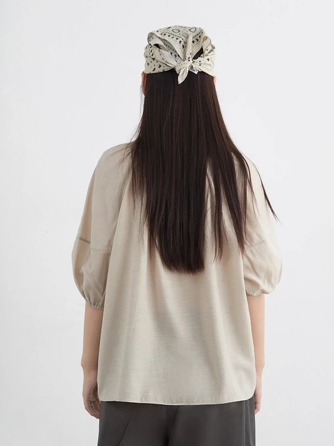 CHICVEN Women Shirt Solid Loose Casual New O Neck Pleated Mid Sleeve Blouses Female Pullover Spring Autumn 2025 Clothing