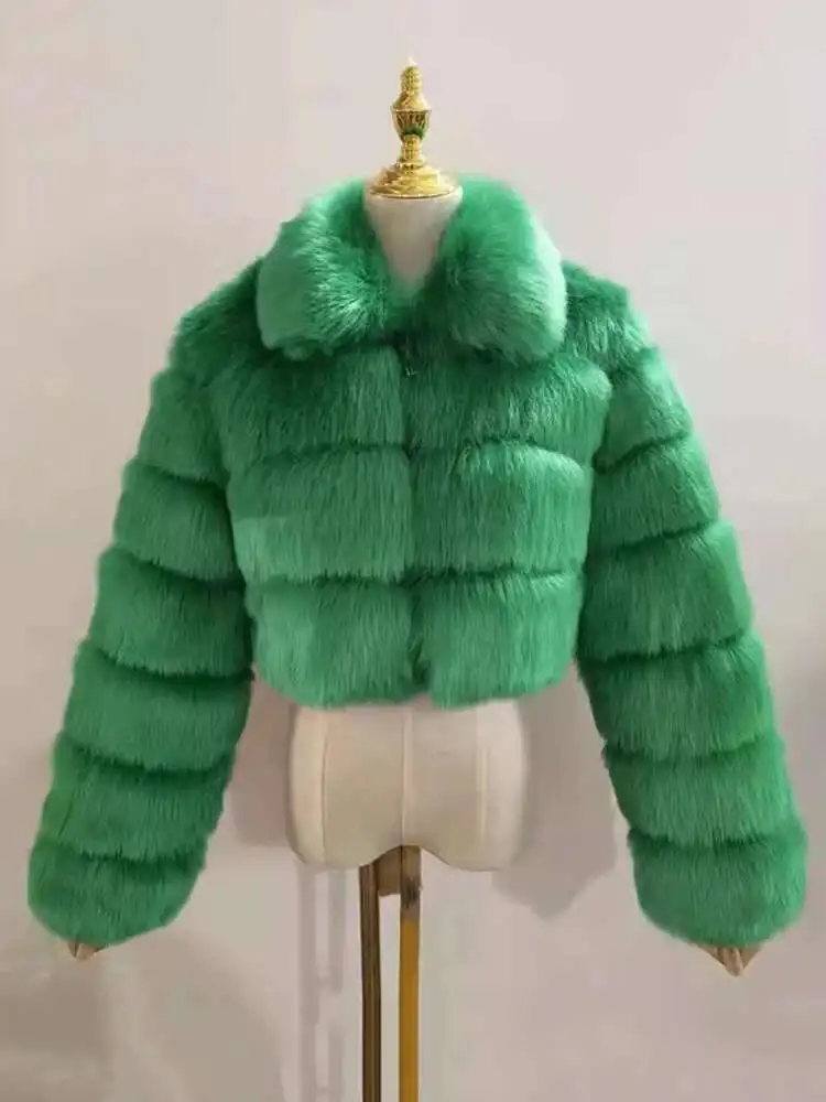 女性用フェイクフォックスファーショートジャケット,ラペル,ジッパー,長袖,ルーズ,厚手の模造品,冬のファッション,2024, 2023