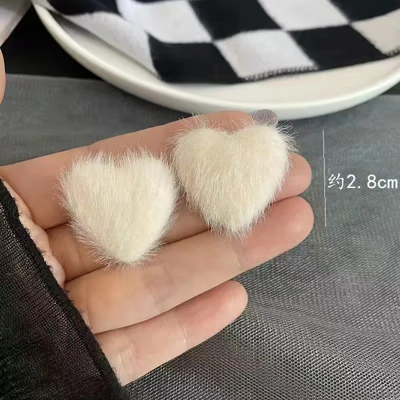 KADRUFI Women Korean Fashion Winter White Plush Stud Earrings Girls Heart Round Square Shape Furry Soft Earring Jewelry Gift