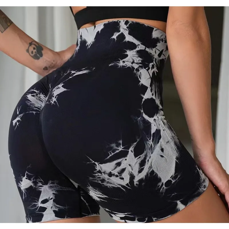 Women Tie Dye Sports Shorts Seamless Slim Leggings Gym Workout Running Seamless Sexy Hip Liftting High Waist Stretch Yoga Shorts