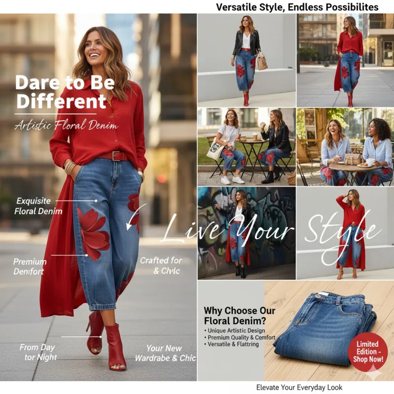 Jeans Pants Women Printed Denim Wide Leg Loose Fit Denim Pants Casual High Waist Straight Trousers Summer Streetwear Gift New
