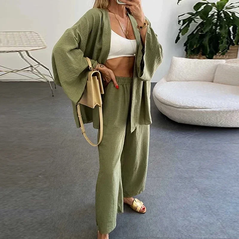 

Loungewear Women Cotton Linen 2 Pieces Set Long Sleeve Cardigan Tops Elastic Wide Leg Pants Pjs Suit Sleepwear Set Women Outfits
