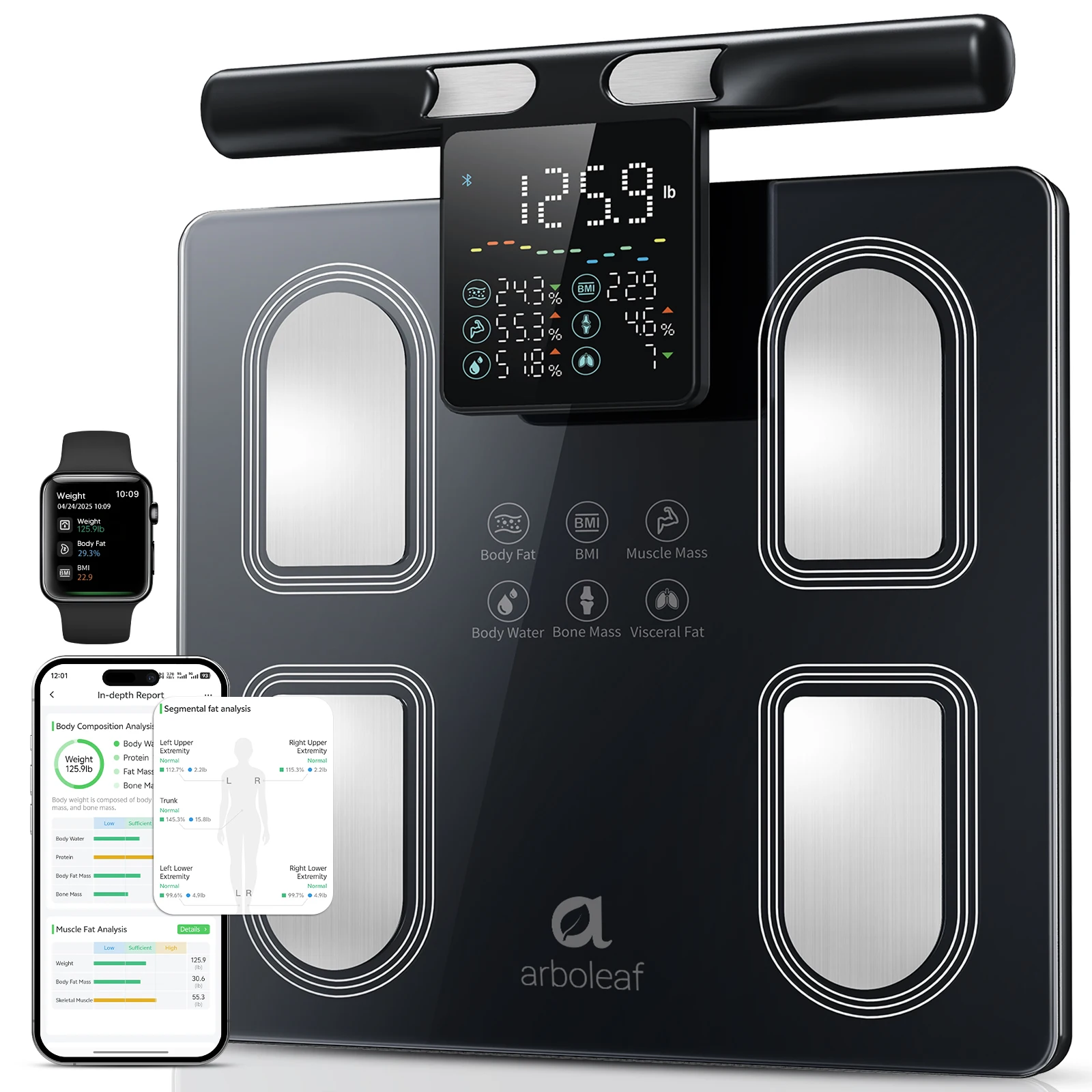 Arboleaf Smart Body Fat Scale 8-Electrode with Handle Screen Display, 50+ Body Metrics, 5.3' Color Screen, Digital Body Composition Scale, APP Sync, 400lb