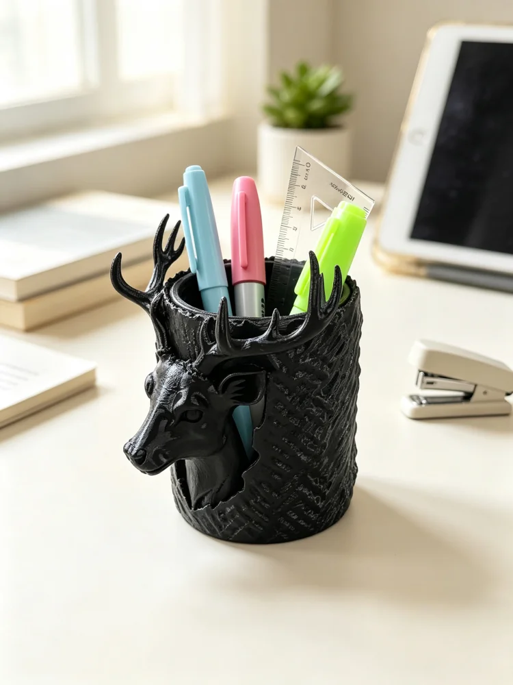 Office Table Accessories Unique - ที่ใส่ปากกาสไตล์ชนบทย้อนยุค รูปหัวกวางพร้อมเขา ลวดลายตอไม้และเปลือกไม้ แก้วใส่ปากการูปปั้นสัตว์ วัสดุ PETG