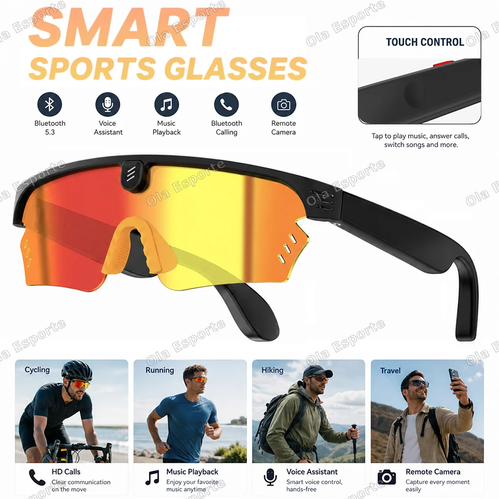 1Pc AI Smart Cycling Glasses Men Bluetooth Call Music 4K HD Sports Sunglasses Call Camera Control Voice Assistant Smart Glasses