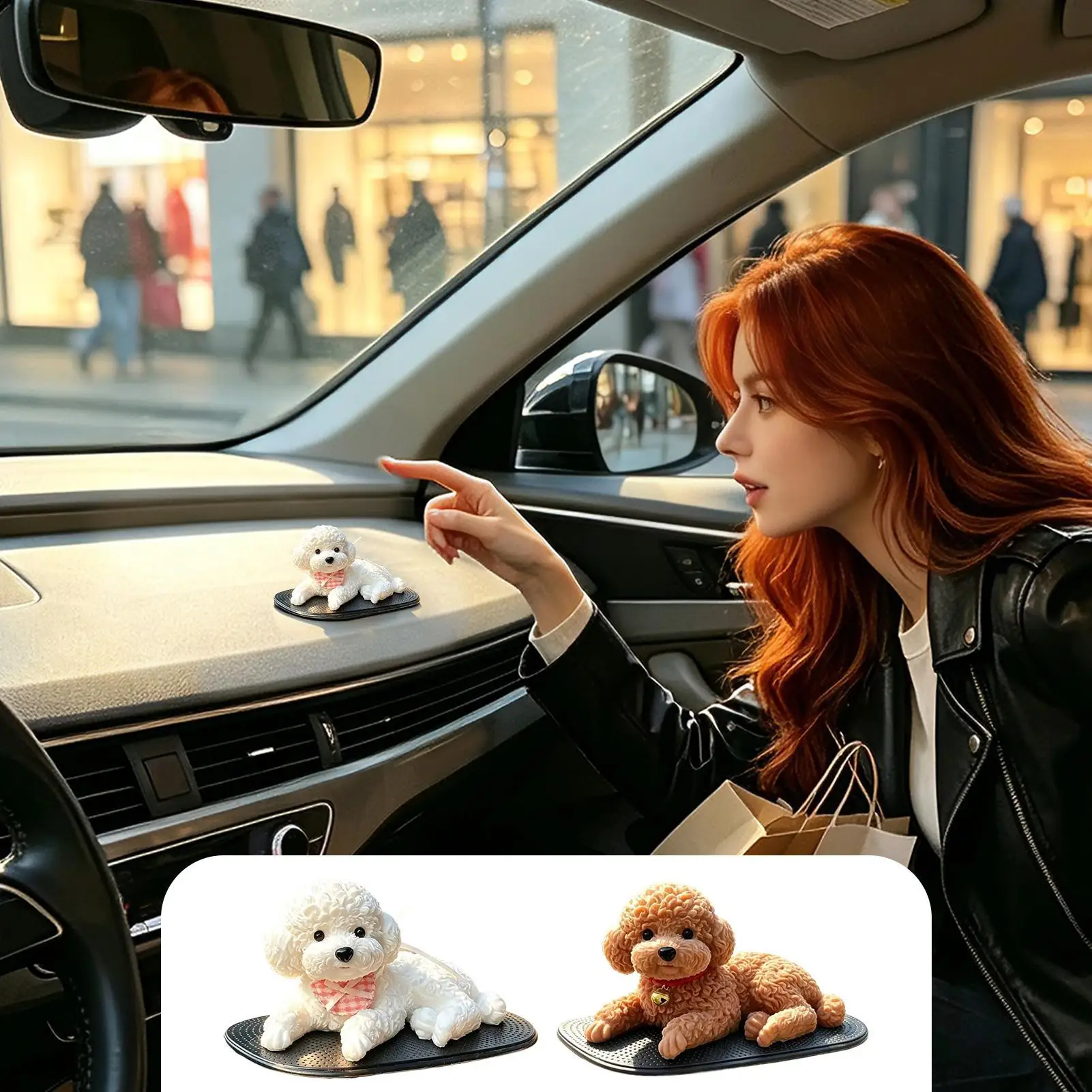 Cute Curly Haired T eddy Dog Car Ornament Realistic Lying Dog Figurines Ornament With Anti-Slip Mat Car Dashboard Ornaments