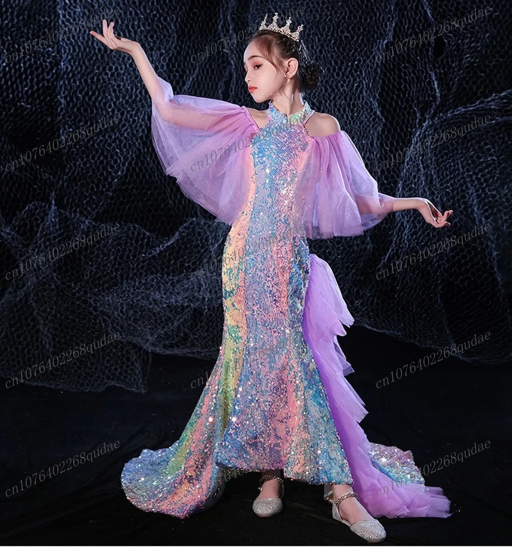 New Purple Mermaid Princess Special Occasion Sequin Flower Girl Dress Wedding Pary Prom Birthday Baby Child Kid Pageant Gown