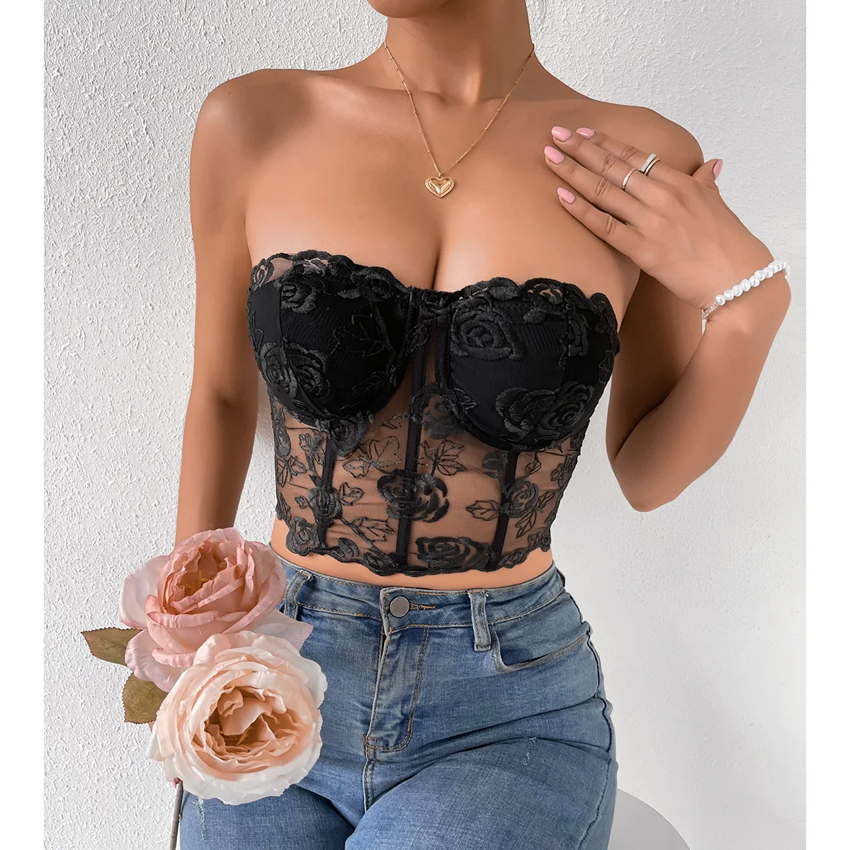 

Women Strapless Embroidery Floral Crop Tube Tops Open Back Boned Corset Sexy Sleeveless See through Tank Top Slim Lingerie Camis