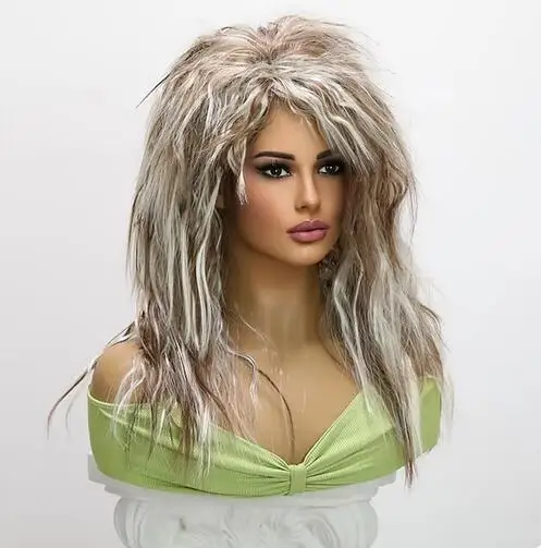 Peruca de cabelo encaracolado longo sintético para mulheres, foguete punk, resistente ao calor, marrom, branco, 24"