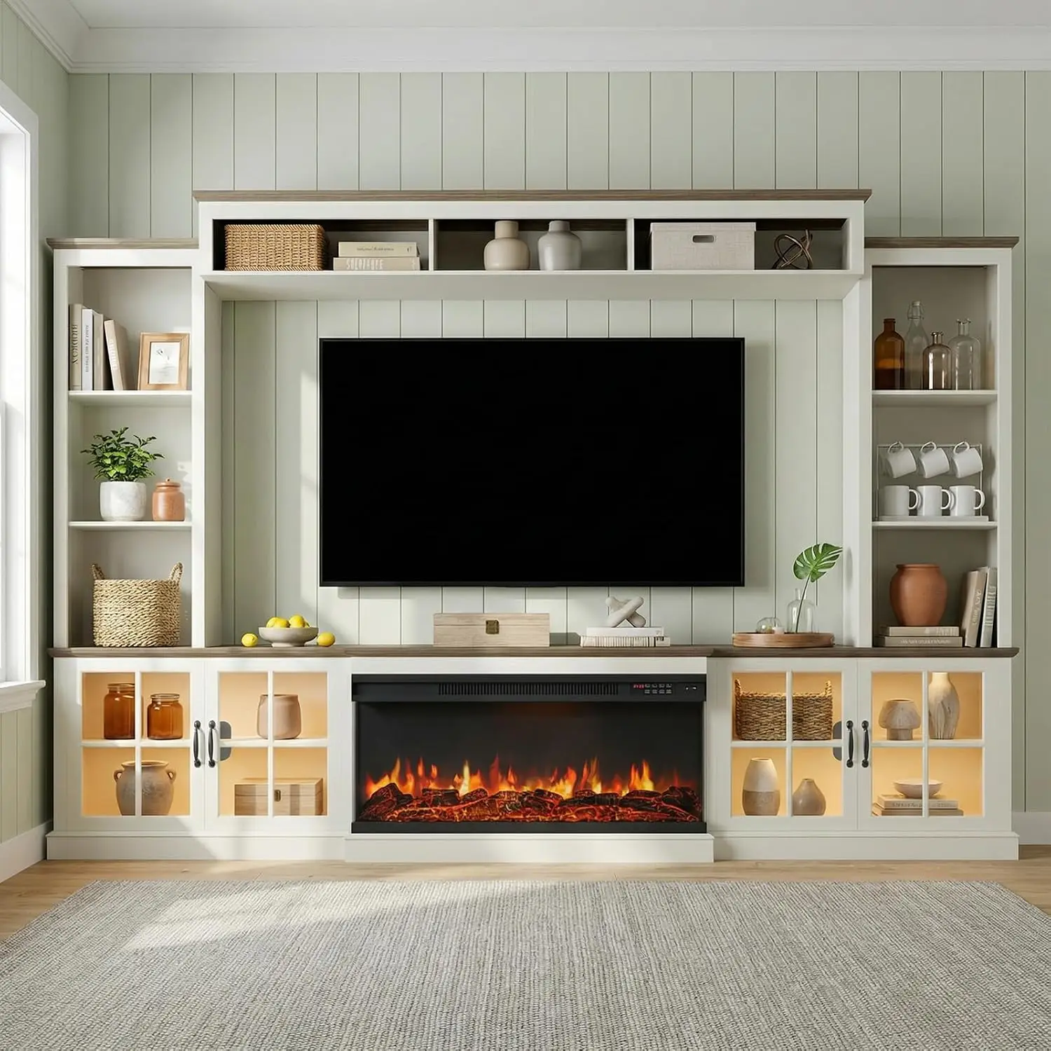 98 Inch White Farmhouse TV Stand with Fireplace, Entertainment Center, Wall Unit Media Console with Bookshelf, Cabinet & Power