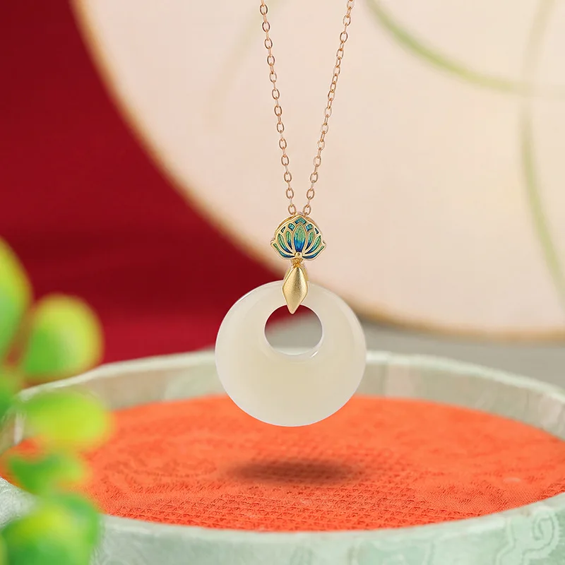 S925 Hetian jade peace pendant with traditional enamel design, elegant new-style silver orname