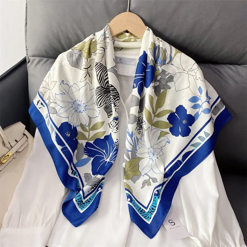 90*90cm Women\'s Square Silk Satin Polyester Scarf Flower Printed Shawls Hijab Four Seasons Bandanna