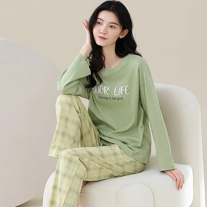 Spring Autumn Women's Pure Cotton Pajamas Round Neck Long Sleeve Pullover Pants Oversized Loose Casual Home Clothing Set