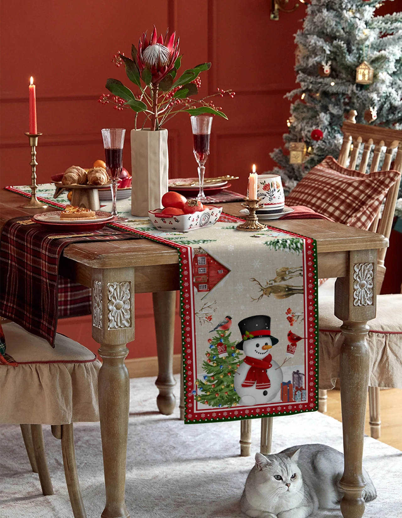 Christmas Style Decoration Snowman Snowflake Dining Table Runner Washable Table Runner For Dining Christmas Tablecloth For Table