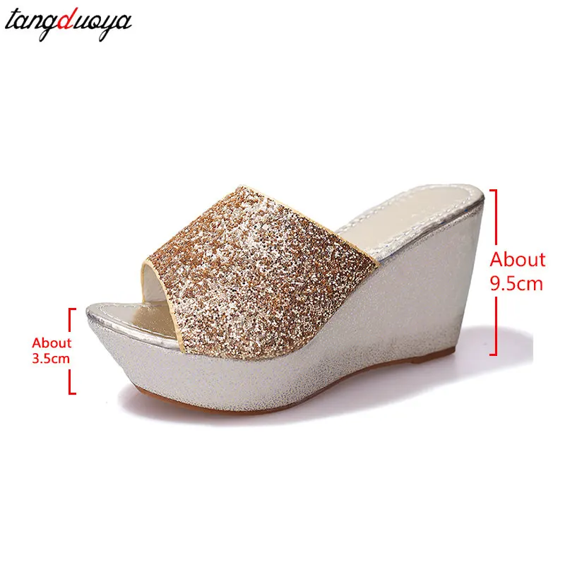 gold silvers platform heels Women Slippers Summer Shoes Platform Outside Fitting-room High Heels Wedges Solid Mesh Female Slides