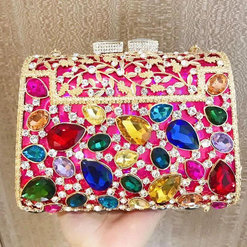 Green/Blue/Red Multi-Colored Women Evening Clutches Large Bridal Lady Diamond Rhinestone Handbags Phone Party Wedding Purses