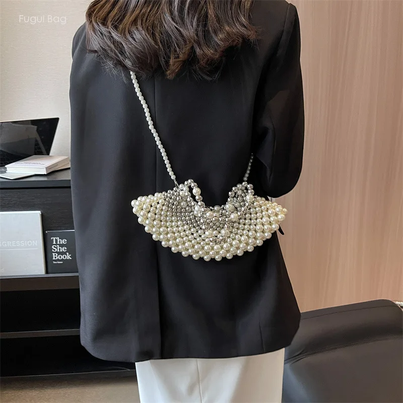 Women's Handbag Single Shoulder Crossbody Bag New Fashionable and High-end Feeling Luxurious Pearl Weaving Fairy Beach Leisure