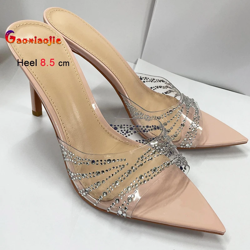 

Женская обувь телесного цвета, розовые туфли на высоком каблуке 8,5 см, 7 см, женские туфли-лодочки на тонком каблуке с украшением из кристаллов, тапочки с острым носком, обувь для вечеринок