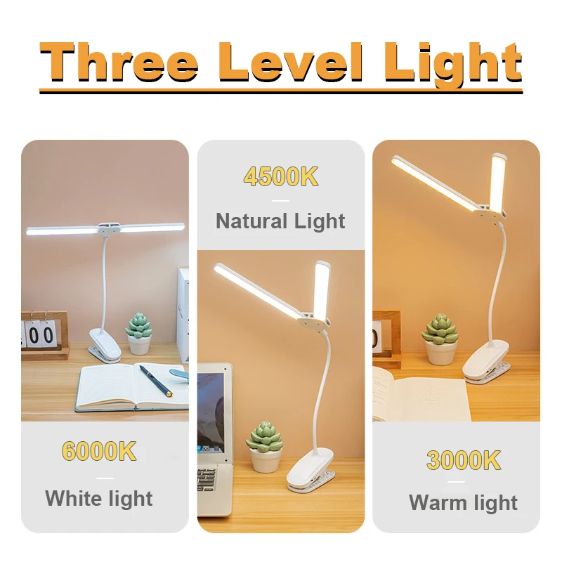 Double Head LED Reading Table Lamp Eye Protection Lights 3 Color Modes USB Rechargeable 360° Rotate Touch Control Home Office