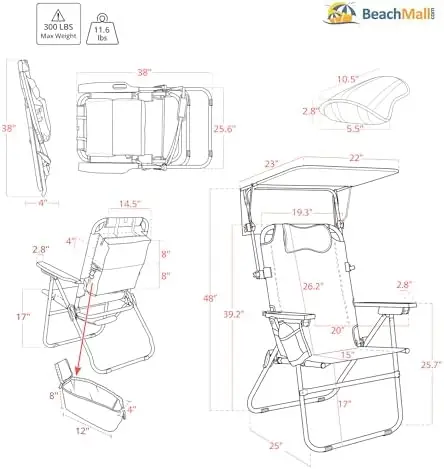 Heavy Duty Tall Beach Chair with Canopy Shade for Adults, 17