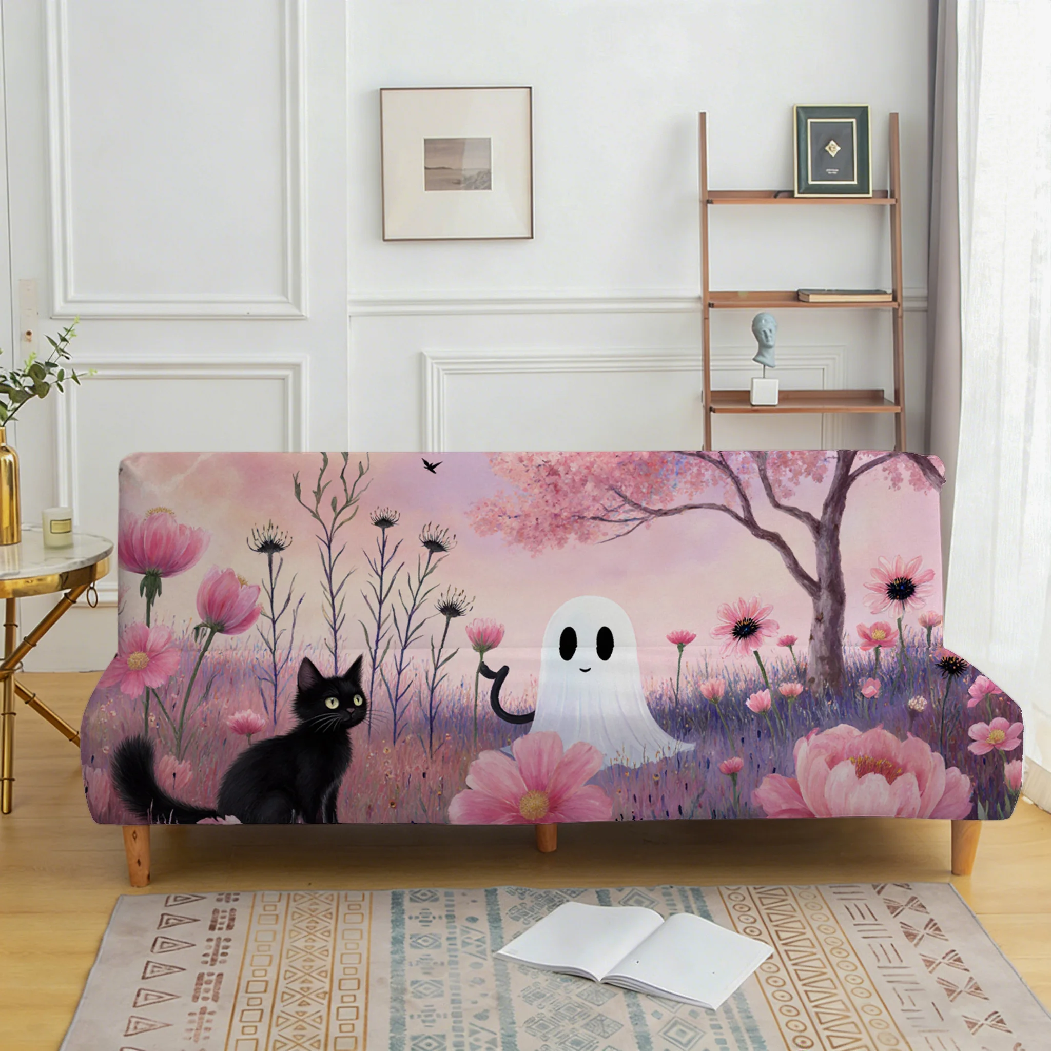 Fairy tale style ghost cat armless sofa bed cover, non-slip and scratch-resistant furniture protector
