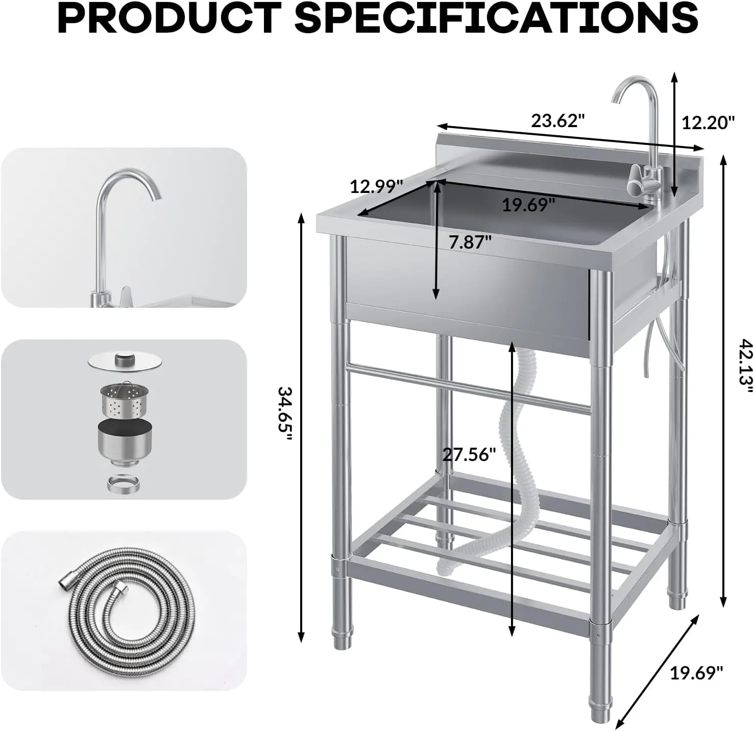 Stainless Steel Simple Wash Basin w/Hot & Cold Faucet Supply Lines Drain Kit Storage Shelf Vegetable Washing Household Single Slot Bracket Dishwasher Kitchen Sink Shelf