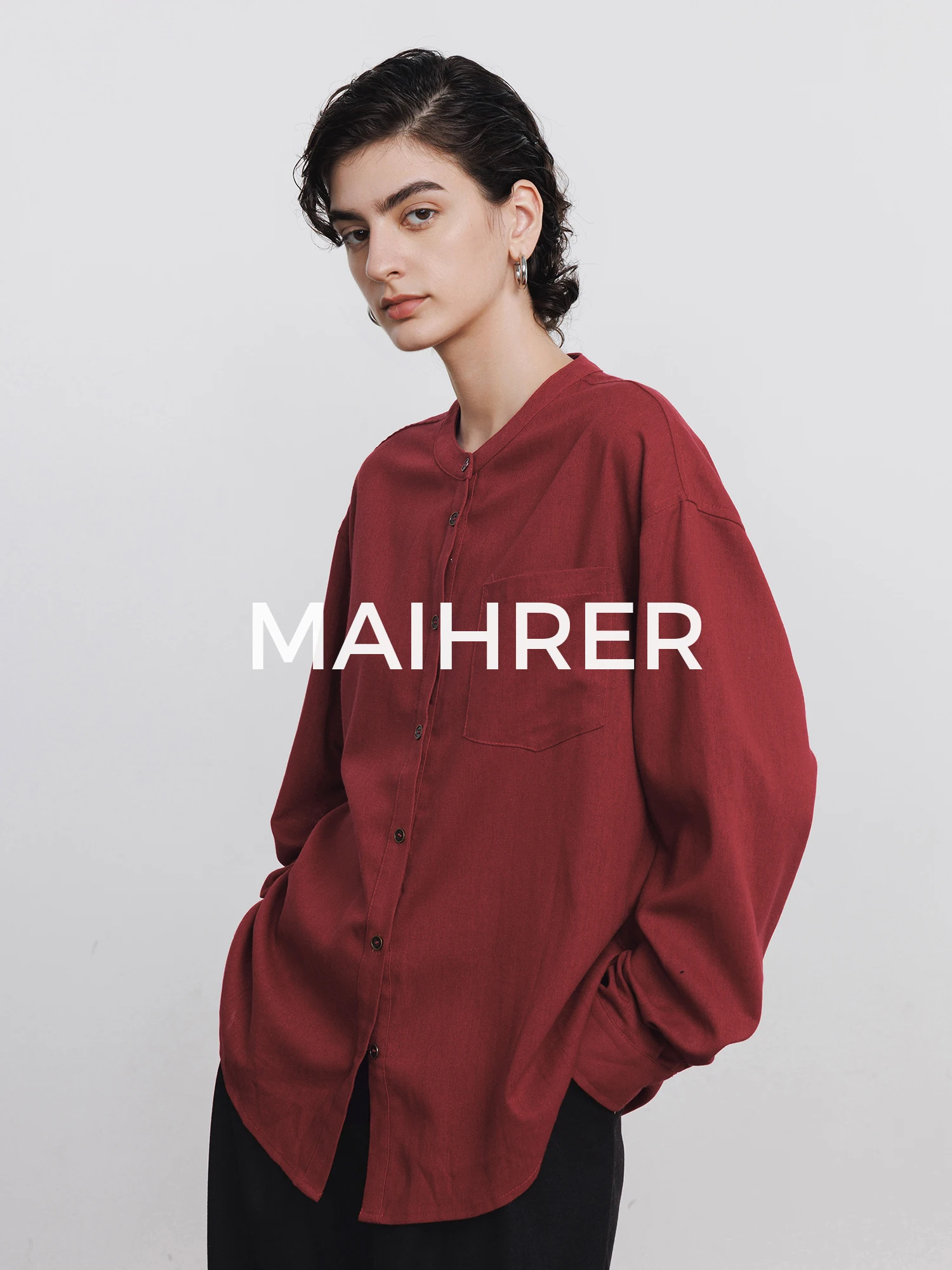 

Maiherer Vintage Red round Ne irt Women's Loose Long Sve Casual Sle Spring New Cotton Blend Comfortable Breathable