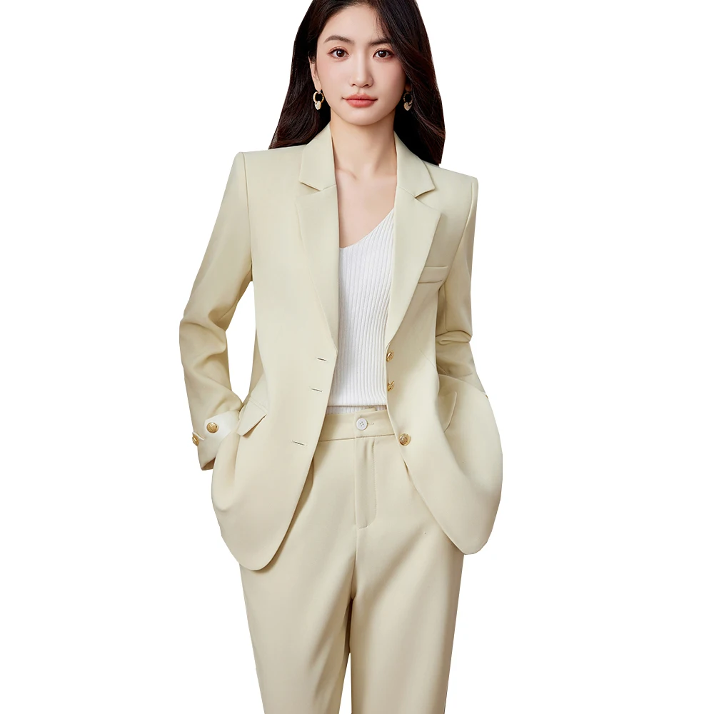 

Fashion Office Ladies Pant Suit Yellow Black Women Female Business Work Wear Jacket and Trouser Formal 2 Piece Blazer Set