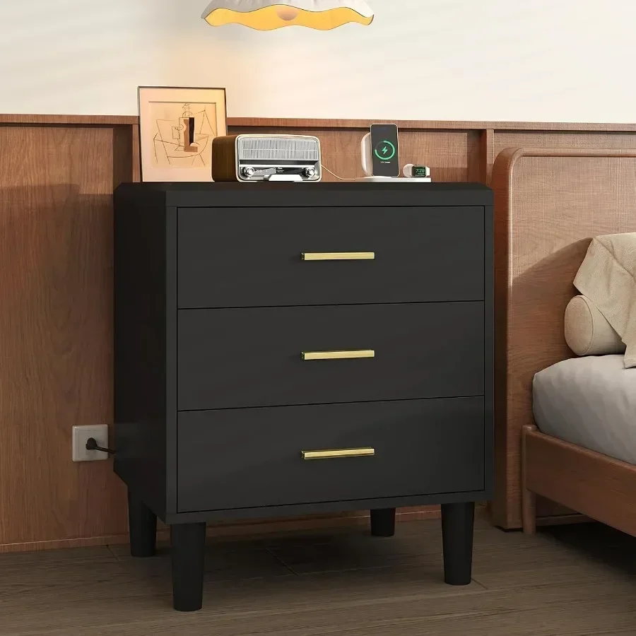 Wooden Nightstand with Charging Station, 3 Drawers Night Stand with Solid Wood Legs, Morden Nightstand with USB-C Port, Bed Sid