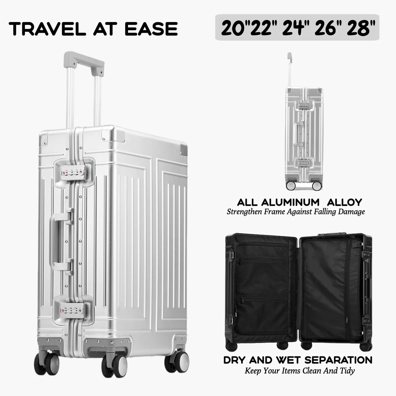 

Large Capacity Durable Luggage Sets 100% Aluminum Suitcase Wheels Women Girl Men Cabin Carry-On Boarding Travel 20/22/24/26/28