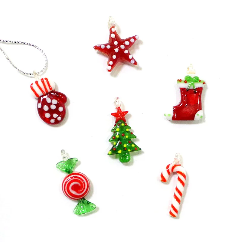 6pcs Hanging Christmas Glass Crafts Ornaments Cute Candy Cane Gloves Sock Xmas Tree Five Pointed Star Mini Pendants Accessories