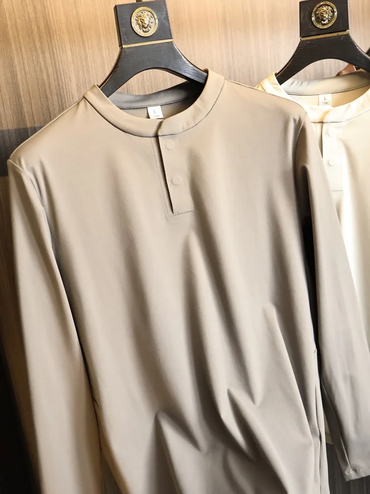 Smooth Draping Seamless Cut Men's Long Sleeve American Henry Collar T-Shirt Breathable Moisture Wicking Elastic Fashionable U...