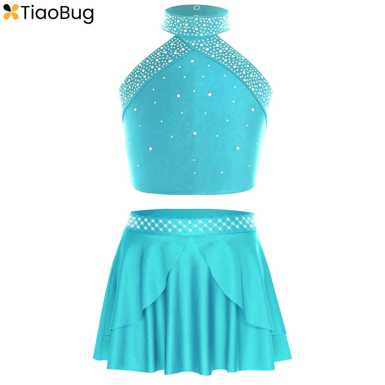 

Kids Girls Lyrical Dance Outfit Halter Neck Cross Back Shiny Rhinestones Crop Top+Skirt for Figure Skating Ballet Jazz Latin