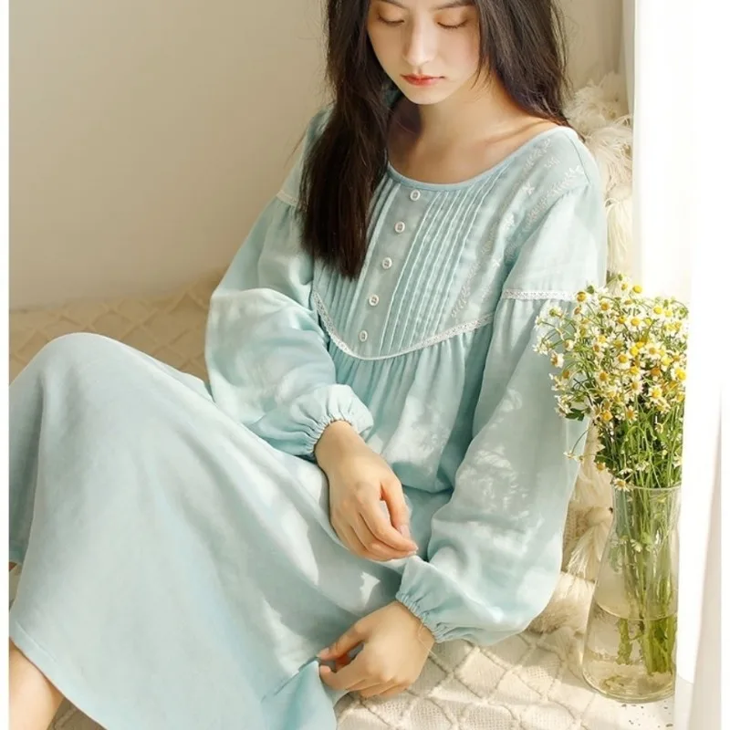 

Pure Cotton Princess Style Pajama Dress Women's Spring Autumn Long Sleeve Sleep Skirt Girls New Fashion Loose Leisure Nightgowns