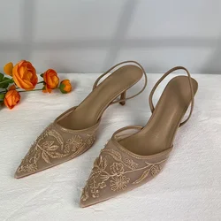 2025 New Women Sandals Brand Designer Ladies Flower Mesh Open Heel Sandals Shoes Sexy High Heel Pointed Toe Stiletto Pumps Mules