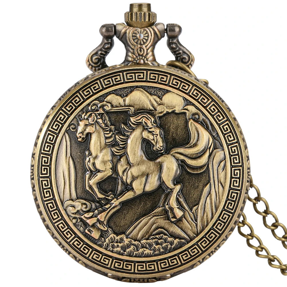 

Old Fashion Double Horses Full Hunter Pocket Watch Bronze Necklace Pendant Clock Quartz Analog Dial Retro Gift Timepiece Unisex