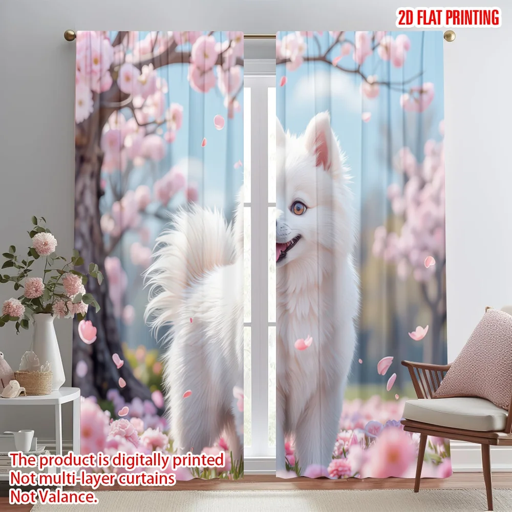 

2D flat printing 2pcs Party Curtain Spring Blossom Dog Scene Digital Printed Polyester Drapes Holiday Decorations Perfect for