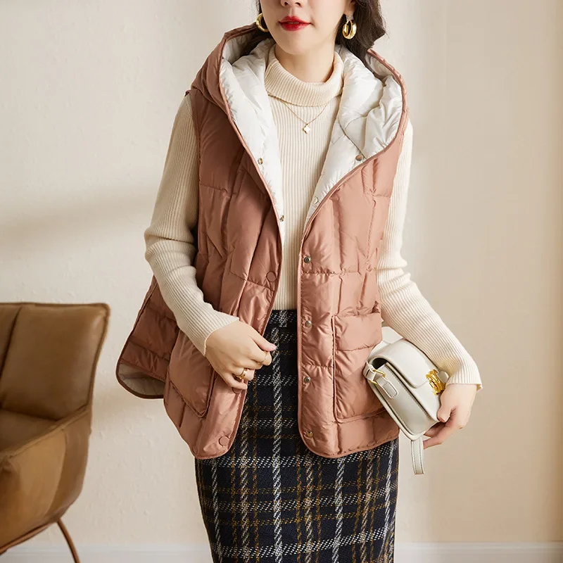 Otoño/Invierno 2025 nuevas chaquetas informales holgadas con capucha ultraligeras 90% plumón de pato blanco chaquetas sin mangas para mujer chaleco de oficina para mujer