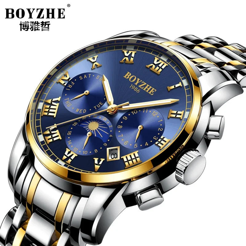 BOYZHE Big Sale Men Automatic Mechanical Watch Business Wrist Watch Calendar Display Waterproof Mechanical Watch relogio Clock